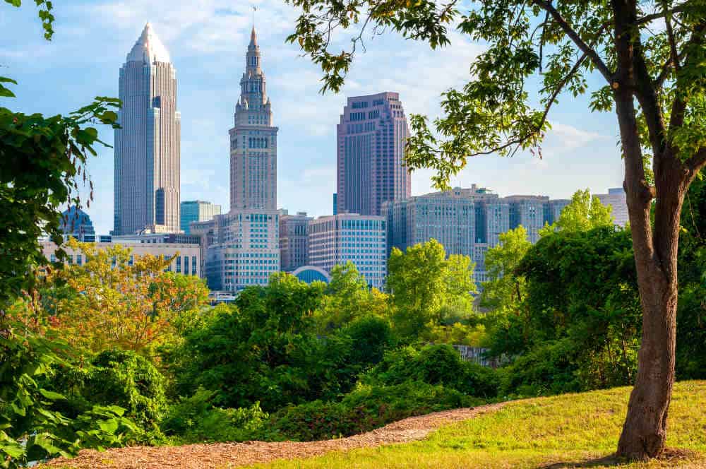 Downtown Cleveland skyline framed by trees