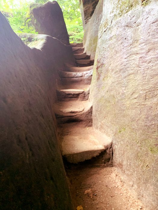 Narrow concrete steps surrounded by concrete walls on a trail in the forest
